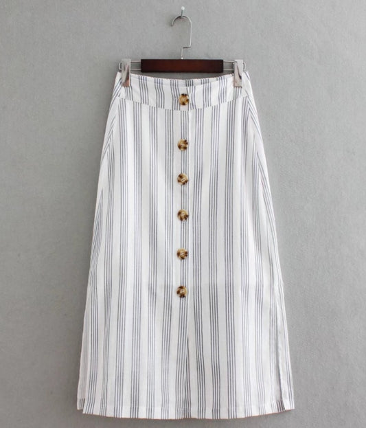 Women elegant striped midi skirt, buttons side split A line ladies casual mid calf skirts