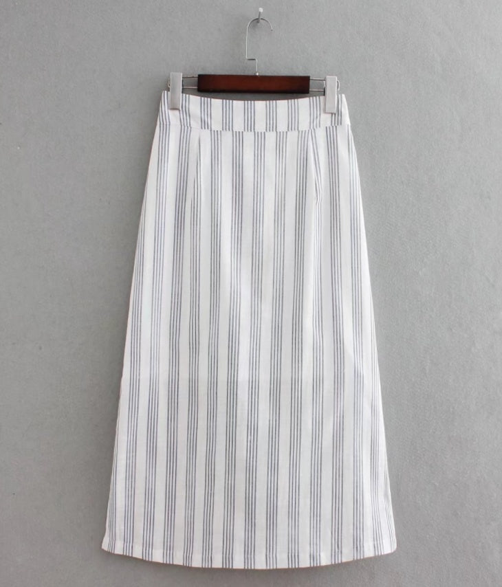 Women elegant striped midi skirt, buttons side split A line ladies casual mid calf skirts