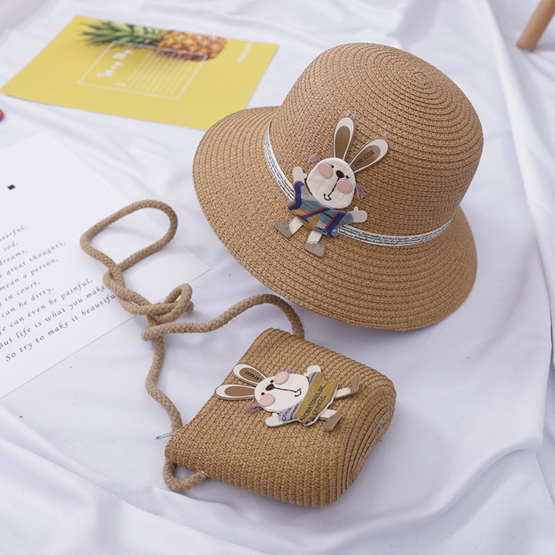 Cute Rabbit Decoration Bag, Two-Piece Straw Hat