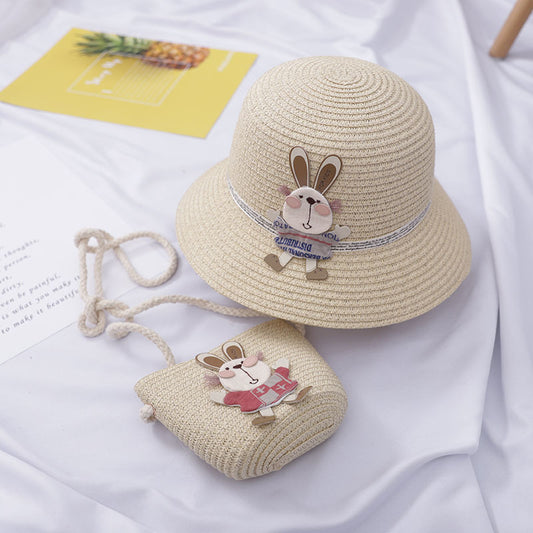 Cute Rabbit Decoration Bag, Two-Piece Straw Hat