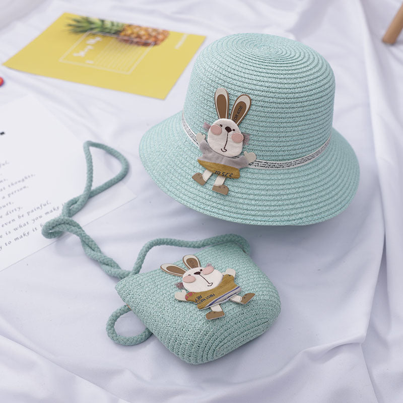 Cute Rabbit Decoration Bag, Two-Piece Straw Hat