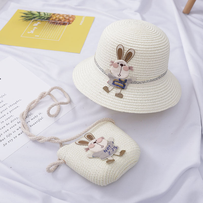 Cute Rabbit Decoration Bag, Two-Piece Straw Hat