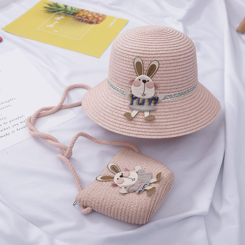 Cute Rabbit Decoration Bag, Two-Piece Straw Hat