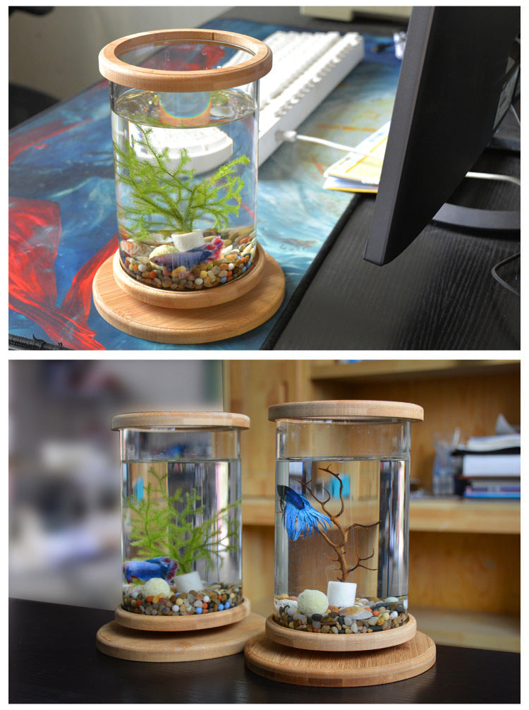 Small Office Glass Aquarium, Bamboo Base Mini Fish Tank, Decoration Fish Bowl