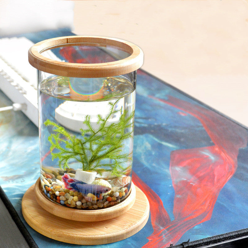 Small Office Glass Aquarium, Bamboo Base Mini Fish Tank, Decoration Fish Bowl