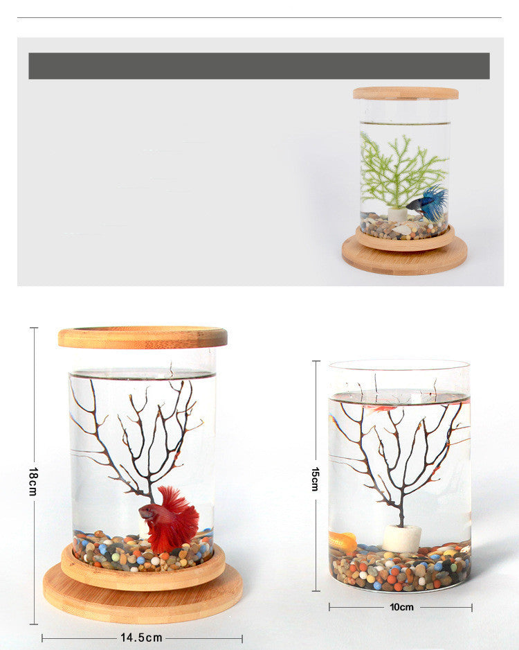 Small Office Glass Aquarium, Bamboo Base Mini Fish Tank, Decoration Fish Bowl