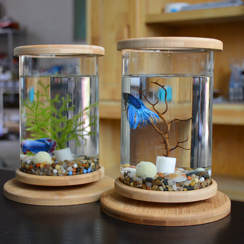 Small Office Glass Aquarium, Bamboo Base Mini Fish Tank, Decoration Fish Bowl