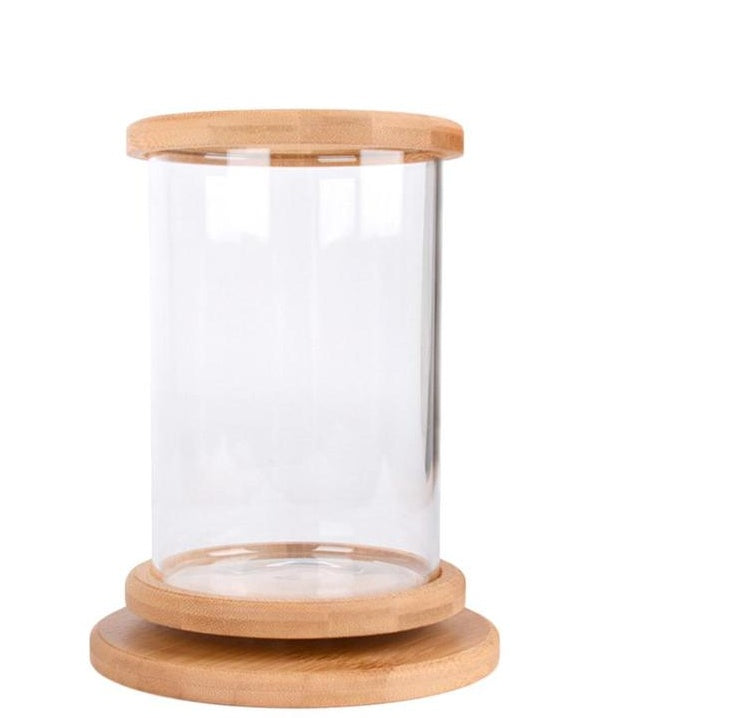 Small Office Glass Aquarium, Bamboo Base Mini Fish Tank, Decoration Fish Bowl