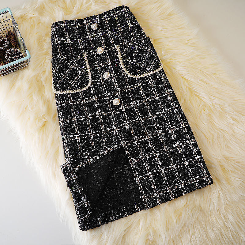 New Fashion Mid-length Female High Waist Slimming Woolen Plaid Skirt