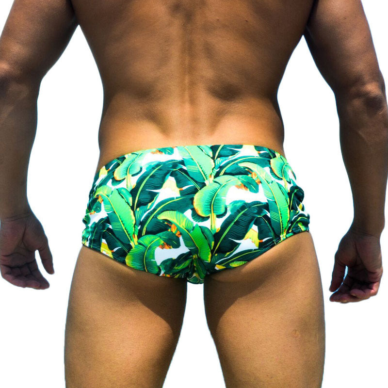 Green leaf seaside sexy triangle swim trunks for men