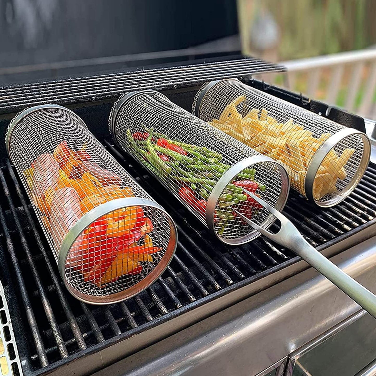 Rolling Grilling Basket, Metal BBQ Basket