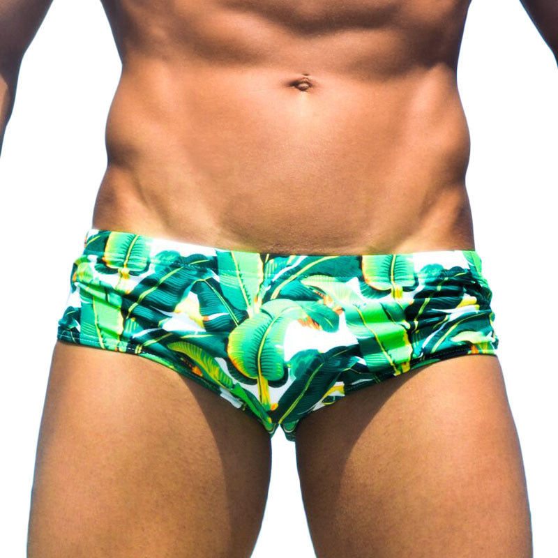 Green leaf seaside sexy triangle swim trunks for men