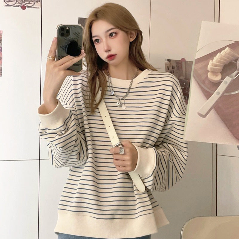 Loose Design Striped Top Round Neck Sweater