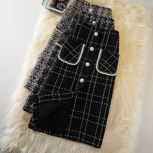 New Fashion Mid-length Female High Waist Slimming Woolen Plaid Skirt