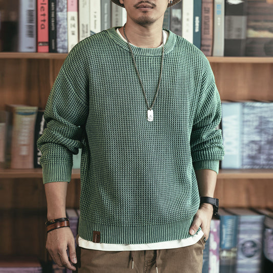 Waffle Thick Needle Round Neck Sweater for Men