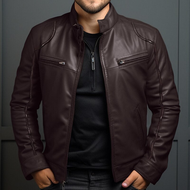 Men's Stand Collar Leather Coat