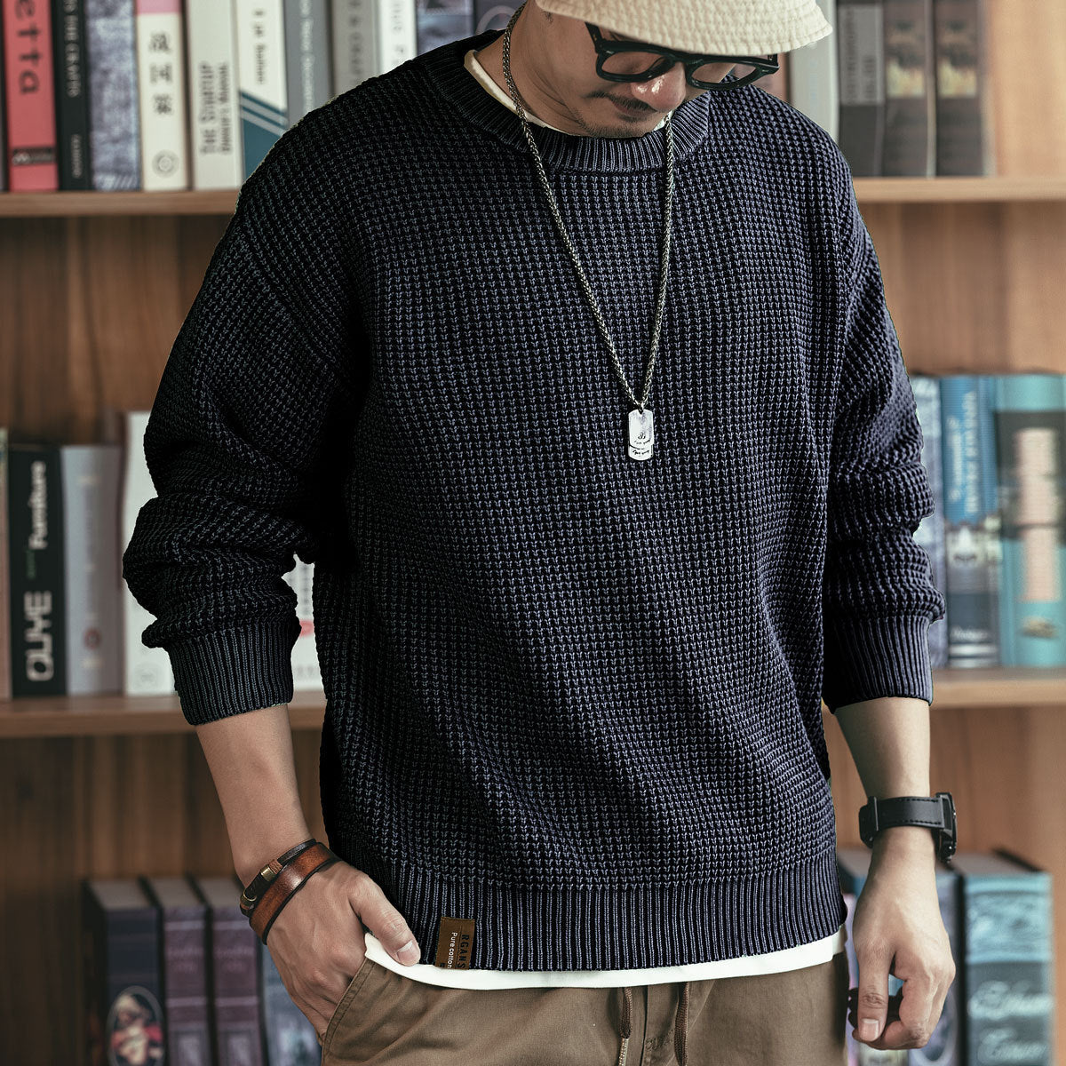 Waffle Thick Needle Round Neck Sweater for Men