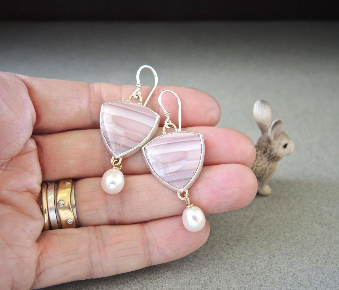 New Style Pink Opal And Pearl Earrings