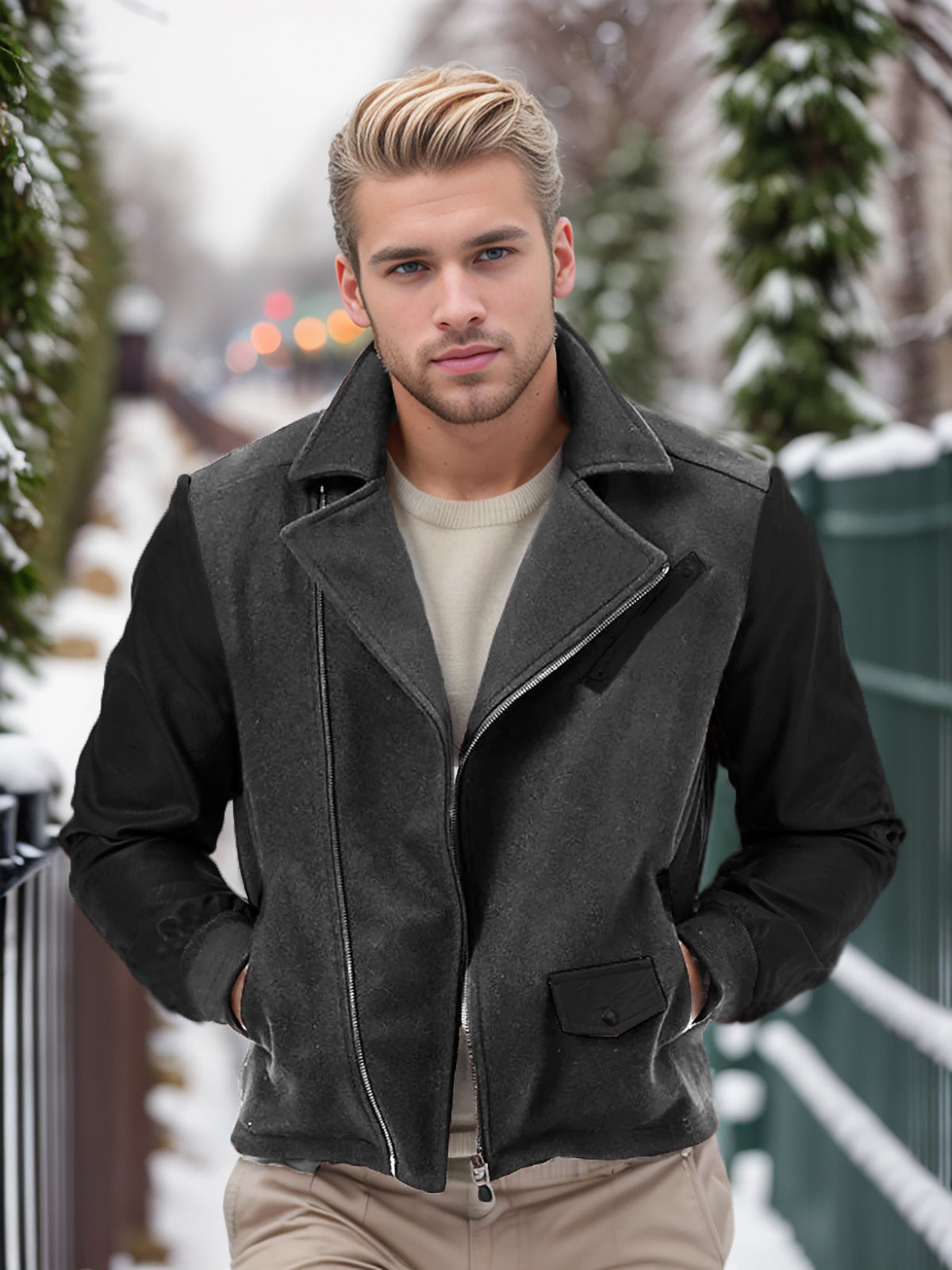 PU Leather Wool Men's Jacket