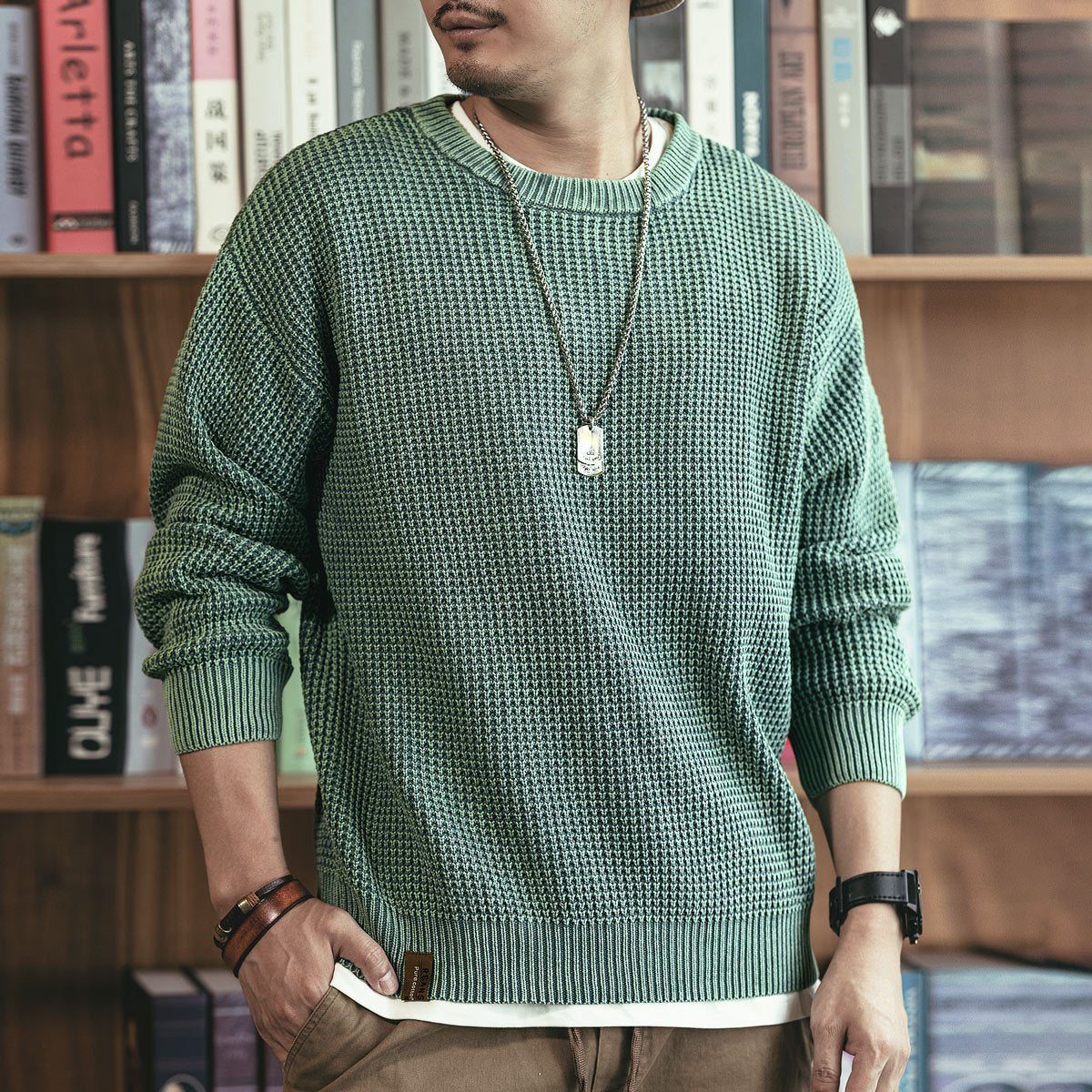 Waffle Thick Needle Round Neck Sweater for Men