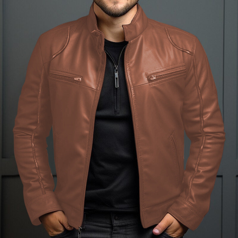 Men's Stand Collar Leather Coat