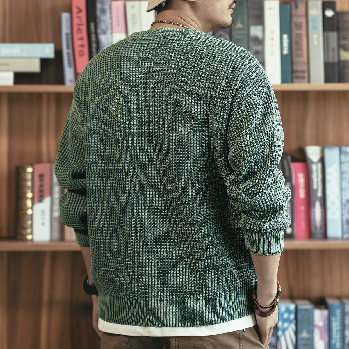 Waffle Thick Needle Round Neck Sweater for Men