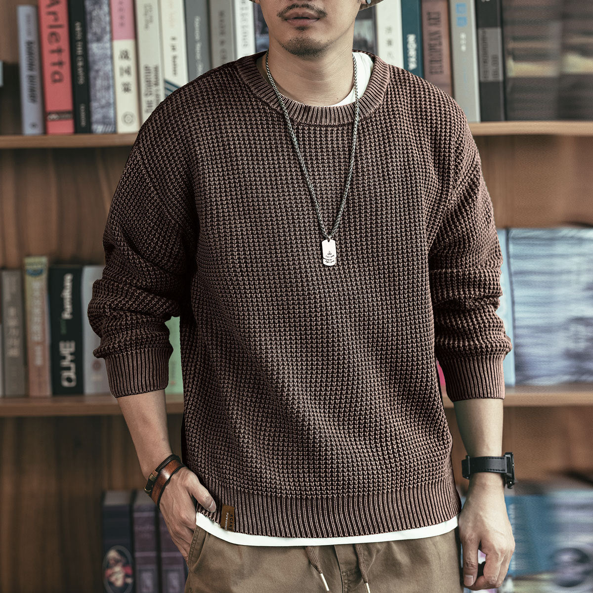 Waffle Thick Needle Round Neck Sweater for Men