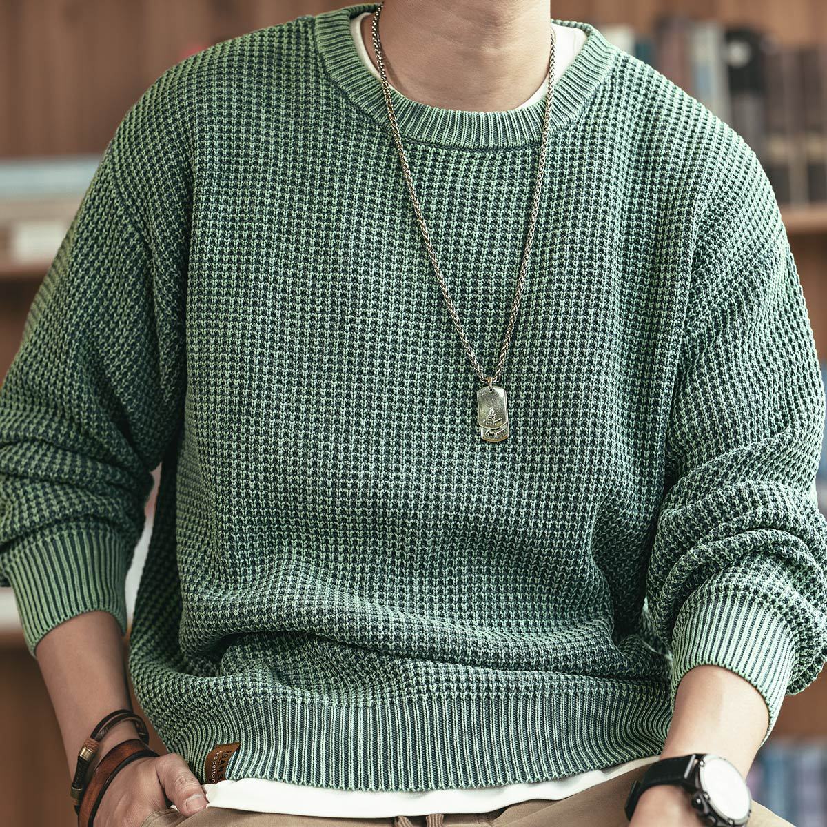 Waffle Thick Needle Round Neck Sweater for Men