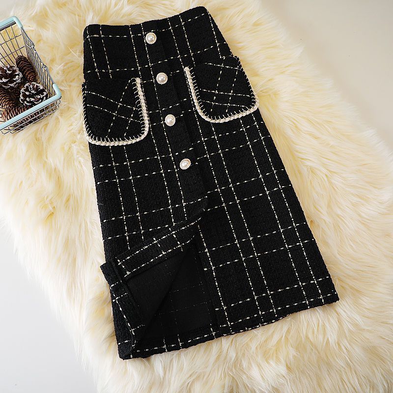 New Fashion Mid-length Female High Waist Slimming Woolen Plaid Skirt