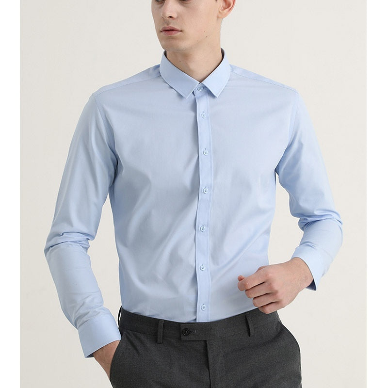 Long Sleeve White Shirt for Men, Men's Solid Color Stretch Slim-fitting Iron-free Anti-wrinkle Business Casual Shirt